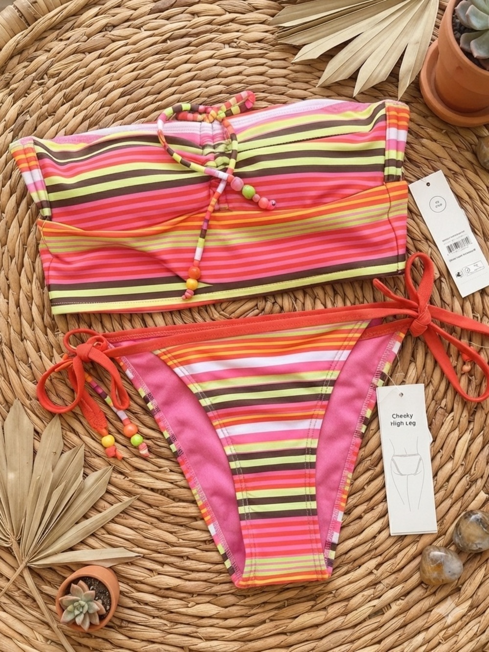 No Boundaries Striped Bandeau Tankini & Side Tie Bikini Set XS Colorful Bead NWT